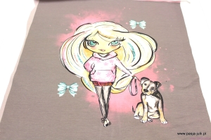 Dresówka pętelka PANEL DZIEWCZYNA Z PSEM BRĄZ